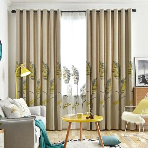 Nordic Blackout Curtains for Living Room Bedroom Thick Faux Linen Curtain Leaves Embroidery Drapes Insulating Blinds Coffee