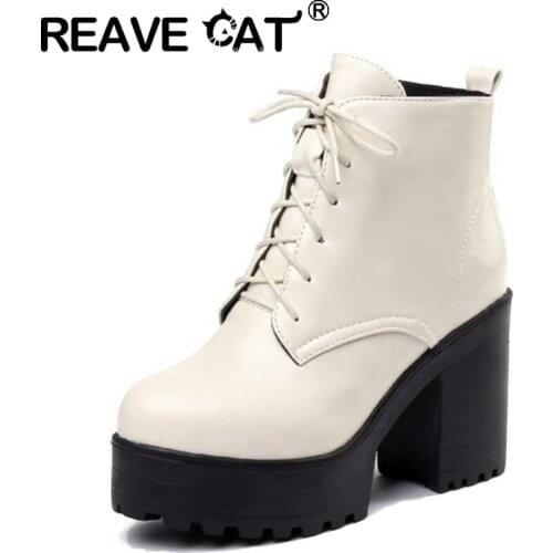 REAVE CAT New 2021 Women Ankle Boots Round Toe 9cm Block Heels Lace-Up Platform Zip Simple All-Match Big Size 33-44 Casual A3396