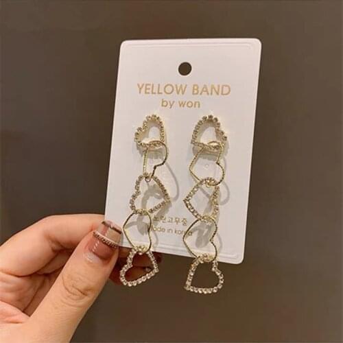MWsonya New Korean Rhinestone Heart Long Drop Earrings for Women Girls Shiny Crystal Holiday Pendientes Mujer Moda Jewelry