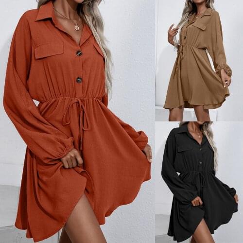Womens Casual Mini Dress Long Sleeve V Neck Single Breasted Fashion Dress New Lace-up Waist Slimming Long-sleeved Dress 2021