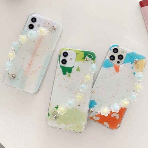 Epoxy Glitter Sequins Wrist Strap Flower Chain Case for iPhone 12 11 Pro Max Wristband Hand Holder Splice Color Summer Cover