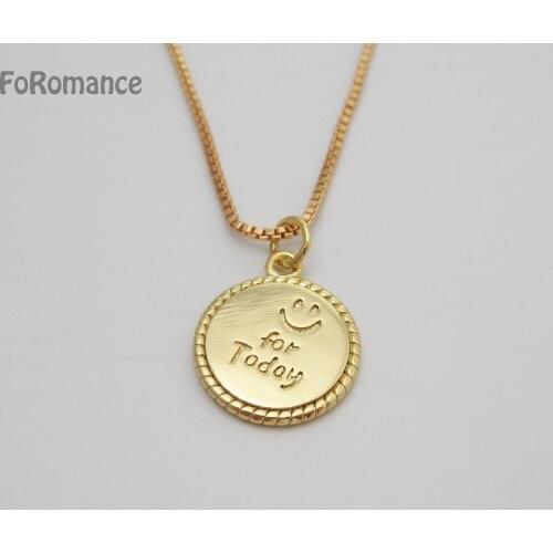 Foromance YELLOW GOLD PLATED 18" BOX LINK CHAIN Smile for Today Round PENDANT Trendy Fashion Jewelry Woman Girl Best Gifts