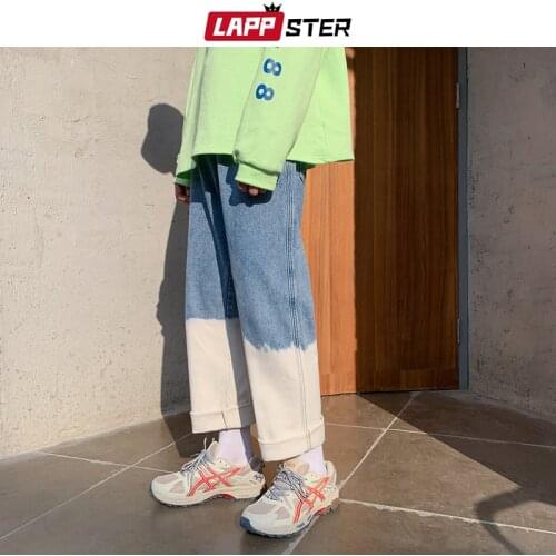 LAPPSTER Men Patchwork Designer Harajuku Denim Pants 2021 Mens Japanese Streetwear Causal Pants Male Baggy Vintage Jeans Pants