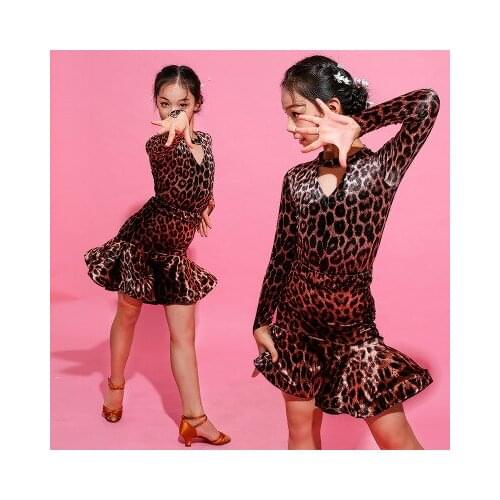 New childrens Latin dance girls dance childrens practice clothes sexy leopard print Latin dance suits girls competition suits