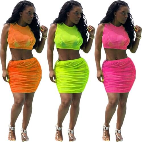 Summer New Womens Solid Color Perspective Net Yarn Beach Swimwear Pleated Skirt Casual Two-Piece Suit