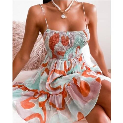 Women Sleeveless Smocked Dress Summer Tie Up Printed Floral Print Boho Beach Dress Female Spaghetti Strap Mini Sundress Robe