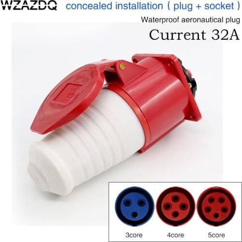 Industrial aviation plug socket 3 core 4 core 5 core 32A connector concealed installation aviation plug waterproof