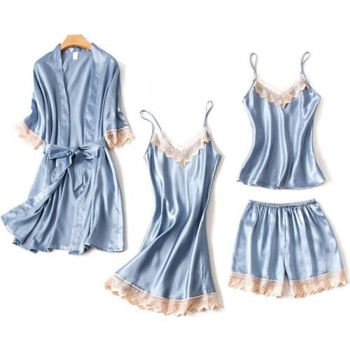 Richkeda Store New 2021 Women Pajamas Sets Robe Sets Sexy Nightgown Satin Sleepwear Silky Sleeveless Nightdress 4pcs/lot