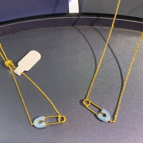 Brand 1:1Fashion Gold Color Lagoon Blue Safety Pin Pendant Necklace Simple Adjust Clavicle Chain for Women Jewelry