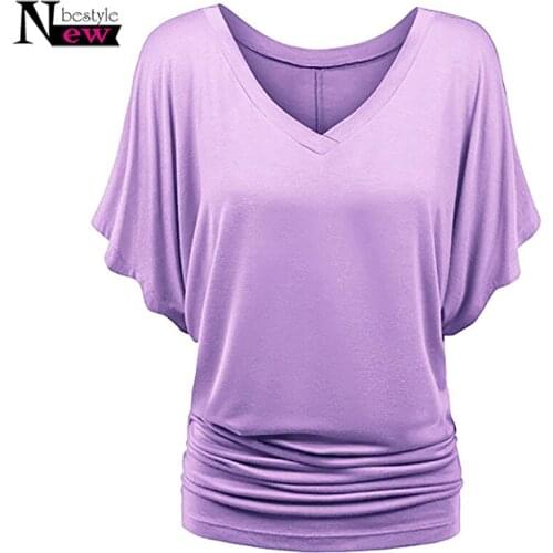 Women Summer 2019 Tshirt Casual Ruched V-Neck Batwing Short Sleeve Tops Tees Sexy T-Shirt Solid Color Loose Plus Size 5XL Shirts