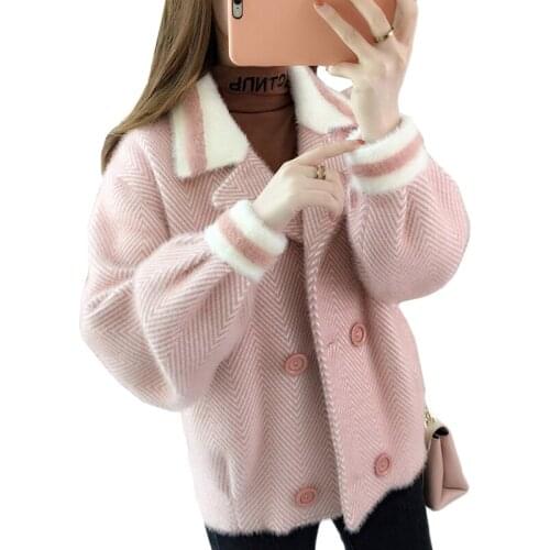 Women Jacket New Autumn Clothes New Fashion Imitation Mink Cashmere Jacket Loose Large Size Striped Double-breasted Short Coats