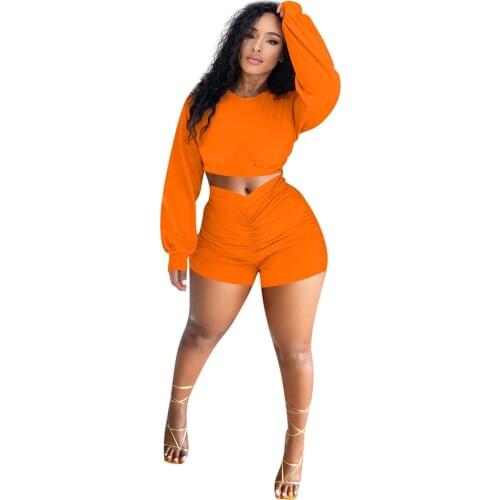 Womens Pleated Autumn Winter Sports And Leisure Suit Casual Crop Top Tshirt And Shorts Two Piece Set Women 2021 Shorts Sets