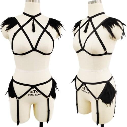 Feather Tassel Pendant Body Harness Set Sexy Lingerie Pastel Goth Rave Harness Woman Bra and Wedding Garter Belt
