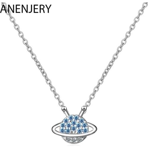 ANENJERY S925 Stamp Silver Color Simple Micro Zircon Blue Planet Necklace For Women choker collares S-N447