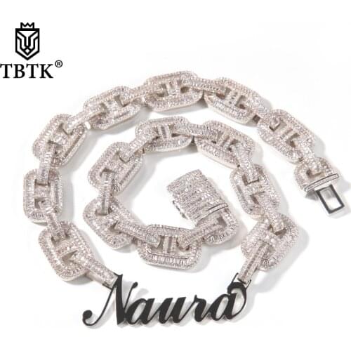 TBTK Cusomt Stainless Steel Name Plated With Luxury 15mm Cuban Link CZ Baguette Prong Setting Necklace Fashion Hiphop Jewelry