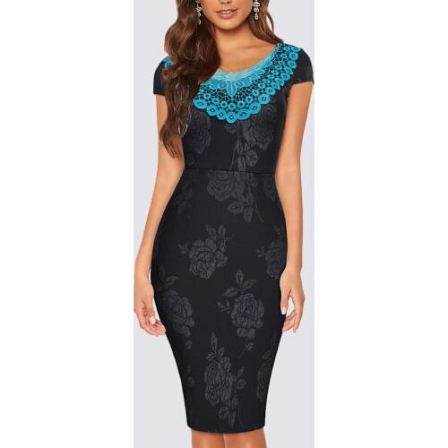 Women Retro Chic Cap Sleeves Floral Print Lace Patchwork Wear to Work Bodycon Office Lady Pencil Dress 1HB373