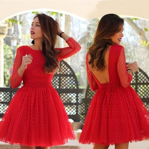 Women Sexy Backless Red Lace Dress Long Sleeve O Neck Wave Point Short A Line Dress Female Party Dresses Vestidos Autumn elegant