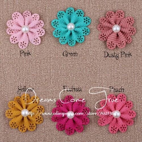 200pcs/lot 5.5CM 6Colors Fashion Chic Hollow Out Artificial Fabric Flowers For Baby Girl Headwear Hair Flowers+Shinning Pearl