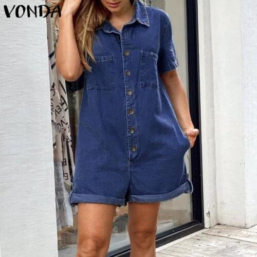2021 VONDA Denim Women Rompers Short Jumpsuits Casual Short Sleeve Solid Pleated Jumpsuits Dungaree Lapel Collar Button Overalls