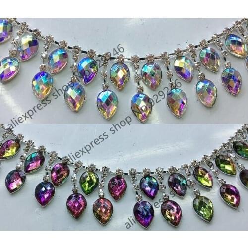 90cm/lot fashion pink AB colorful acryl tear-drop crystal rhinestone chain strass fringes for dancing dress garment decoration