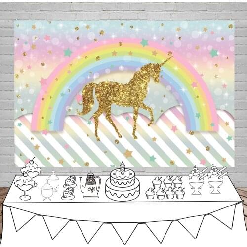 Rainbow Gold Unicorn Glitter Cartoon Girls Cake Portrait Photography Backdrops Photocall Birthday Party Background Studio Shoot