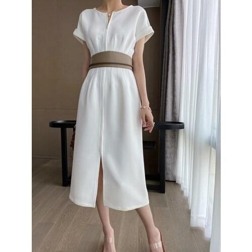 GOOHOJIO Elegant Party woman dress O-neck short sleeve Midi vestidos tight pure white dresses Zipper design summer sukienka