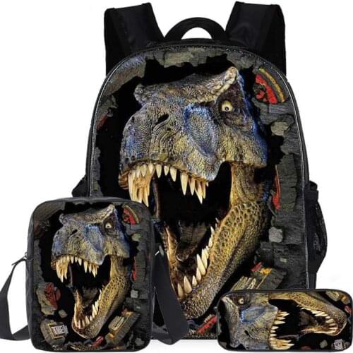 Cool T-rex Dinosaur School Bags For boys Set 3Pcs Large Canvas Backpack Teen Boys Students Mochila with Lunch Box Pen Case