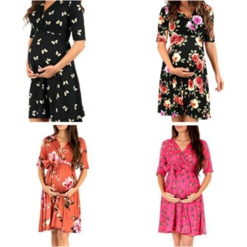 Summer New Style Ties Loose Large Size Floral Butterfly Print Maternity Dress