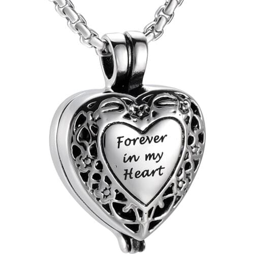 JJ001 Forever In My Heart Stainless Steel Cremation Locket Necklace For Ashes Of Loved Ones - Insert Gold Tube Memorial Urn