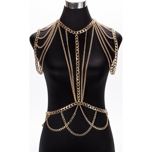 MEILIYISHI Gold chunky Metal Body shoulder Chain Jewelry Necklace shoulder chain Harness Dress Decor Slave Chain Jewelry
