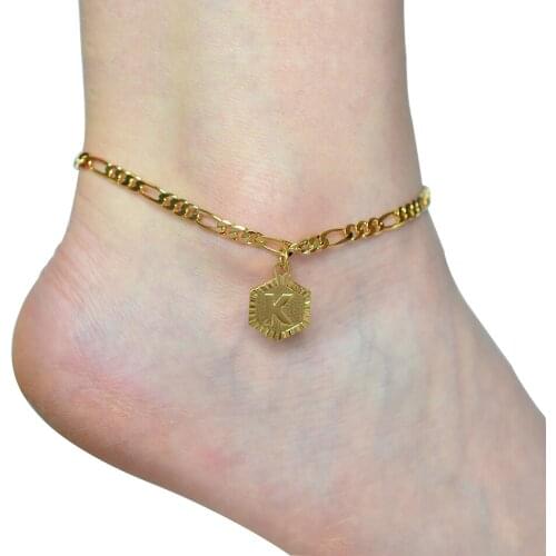 Fashion Letter Hexagon Stainless Steel Alphabet Initial Anklet Bracelet Gold Color Capital Engraved Charm Anklets Foot chain