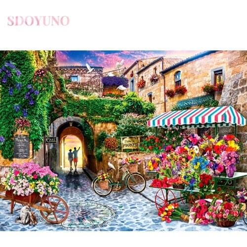 SDOYUNO DIY frame oil painting by numbers for adults Paris flowers market landscape acrylic art supplies pictures by numbers