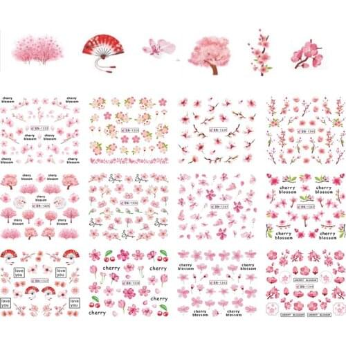 12 Designs NEWEST Nail Art Water Sticker Pink Flower Decal Slider Manicure WrapsTool Tip For Nail Art Decorations BN1333-1344