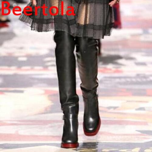New Black Over-the -knee Womens Boots Belt Zip Round Toe Winter Boots Women White Red Stripe Big Size Runway Female Dress Boots