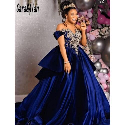 Formal Aso Ebi Evening Dresses Off the Shoulder Short Sleeves Ball Gown Prom Dress Velvet Applique robe de soirée de mariage