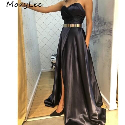 Prom Dresses Black Sweetheart Sleeveless Side Slit High Quality Satin Prom Dresses With Zipper Back vestidos de fiesta de noche
