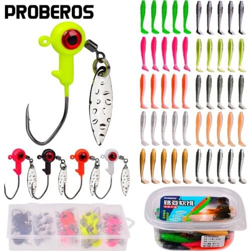PROBEROS 25pcs Jig Head Hooks Spinner Soft Baits Kits 1.4g-1.6g-3g Jigging Lures Hard&Soft Baits Artificial Fishing Lures Set
