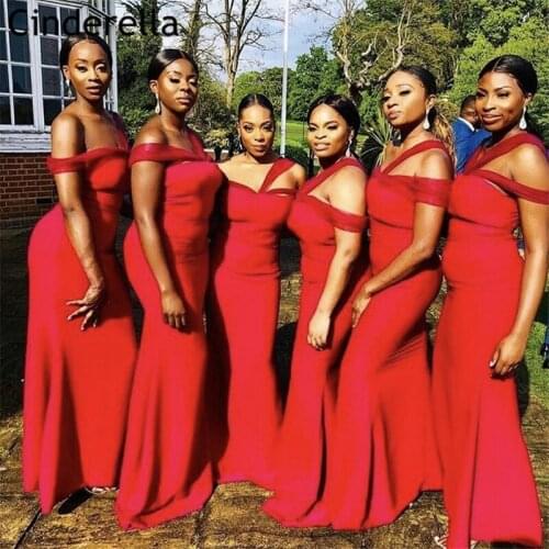 Sexy Red African Bridesmaid Dresses With Zipper Back Sweetheart Off The Shoulder Floor Length Wedding Party Dresses