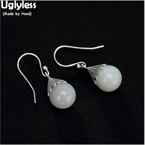 Uglyless 100% Real 925 Sterling Silver Handmade Simple Fashion Balls Earrings for Women Thai Silver Fine Jewelry Jade Gemstones