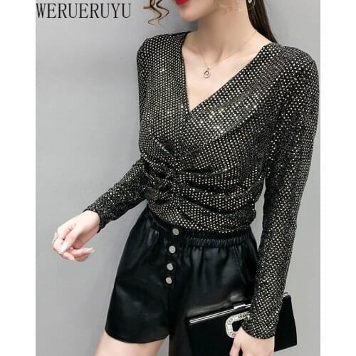 WERUERUYU Spring Women Tops Shine Slim Short Sleeve T-shirt Casual Long Sleeve Woman Stylish Bright Glitter Tshirt Streetwear