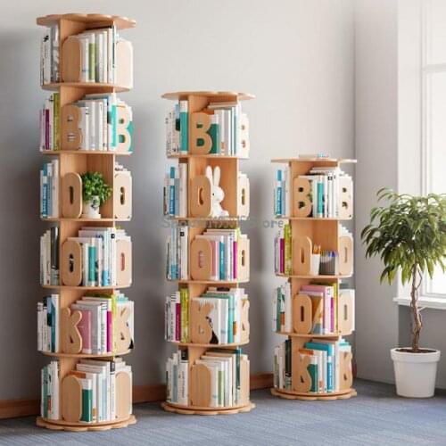 Solid Wood Rotating Bookshelf 360 Degree Bookcase Storage Picture Book Rack Simple Elementary School Children Simple Rack