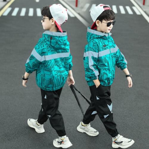 Spring Reflective Jacket Coat+Pants 2 Pieces Outfits Hoodies Casual Autumn Children Clothes Sporty Boy Clothing Set For 3T-14