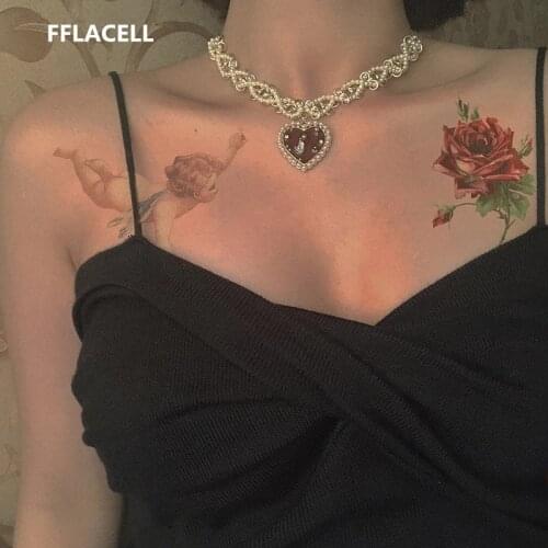 2020 Vintage Romantic Choker Weave Pearls Red Love Heart Short Necklace Rhinestone New Necklace For Women Girls Party Jewelry