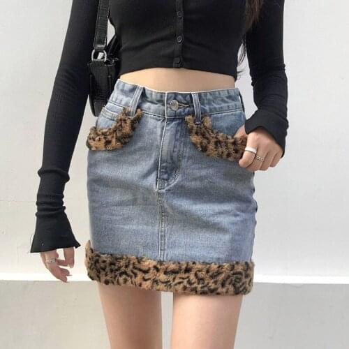 Y2K Furry Leopard Patchwork High Waist Jeans Skirts Womens Casual Pokcet Mini Skirt Ladies Harajuku Female Fashion Streetwear