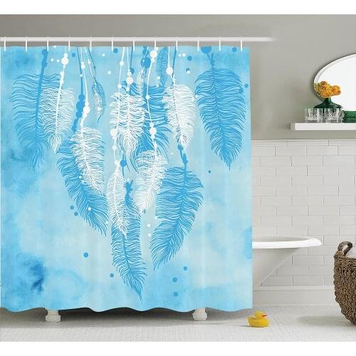 Apartment Shower Curtain Watercolors Style Digital Made Feather Hanging Down in Aztec Symbol Wall Decoration Hanging Curtains