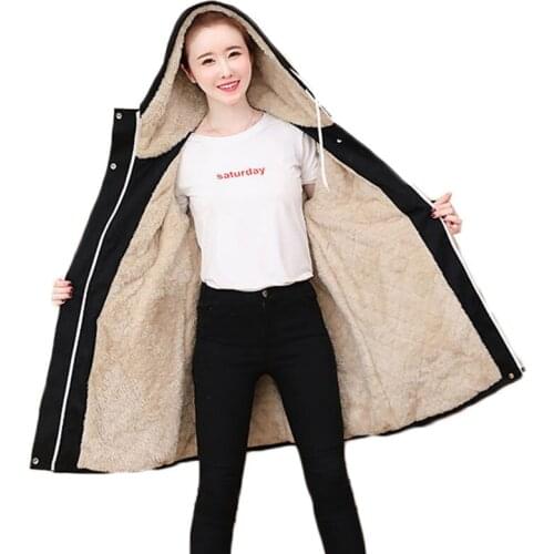 Oversized Womens Cotton Jacket 2020 Winter Coat Plus Velvet Thick Hooded Jacket Ladies Lambswool Coat Women Parkas Black Y564