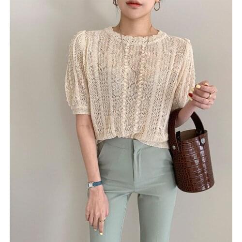 2021 Summer Sweet Women Knitting Blouse Office Lady Hollow Out Sweaters Tops High Quality Loose Slim Pullover Blusa Gentle 15678