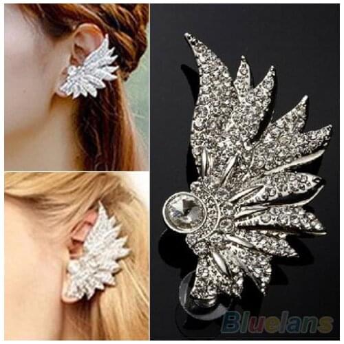 Womens Punk Metallic Wing Fan Shape Ear Cuff Ear Wrap Clip Crystal Earrings 1SZZ