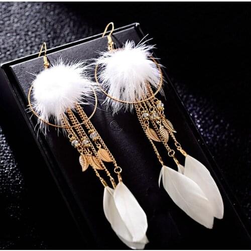 Womens Gold Alloy Long Chain Feather Tassel Dangle Earrings Handmade Bohemia Pom Pom Drop Earrings Jhumka Earrings
