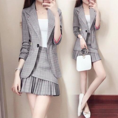 Plaid Small Suit Set Skirt Suit Womens 2019 Spring Autumn Fashion Single Button Blazer Jacket + Pleated Skirt Two-piece Set 868